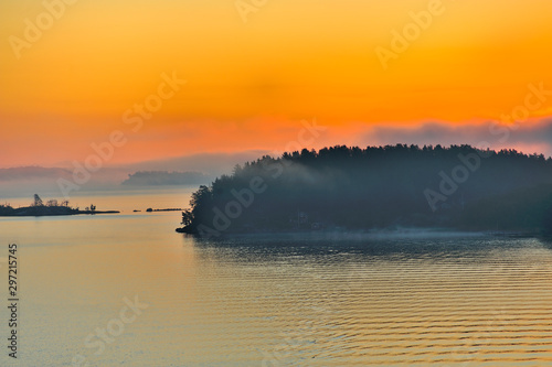 Dramatic sunrise on the Baltic Sea amid the islands of the Stockholm Archipelago  Sweden.