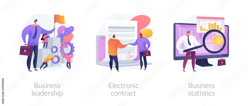 Business icons set. Market success, digital paperwork, corporate research. Business leadership, electronic contract, business statistics metaphors. Vector isolated concept metaphor illustrations - obrazy, fototapety, plakaty 