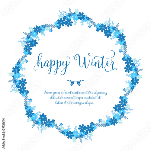 Design element of card happy winter, with modern bright blue leaf flower frame. Vector