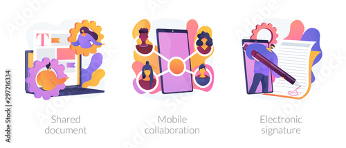 Digital documentation, remote colleagues connection, contract signing icons set. Shared document, mobile collaboration, electronic signature metaphors. Vector isolated concept metaphor illustrations