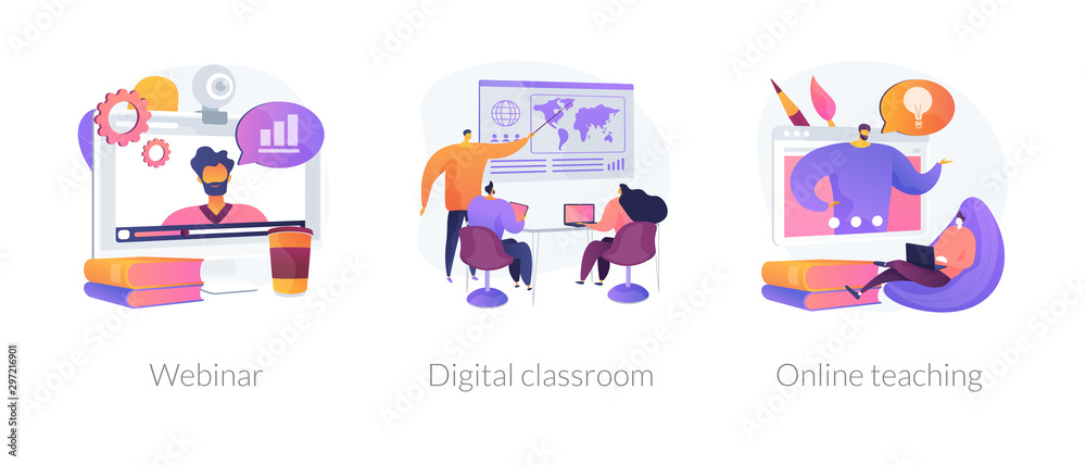 Educational web seminar, internet classes, professional personal teacher service icons set. Webinar, digital classroom, online teaching metaphors. Vector isolated concept metaphor illustrations