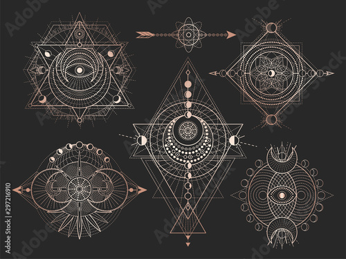 Vector set of Sacred geometric symbols and figures on black background. Abstract mystic signs collection.