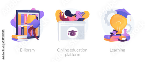 Internet bookstore, remote training classes service, academic graduation icons set. E-library, online education platform, learning metaphors. Vector isolated concept metaphor illustrations photo