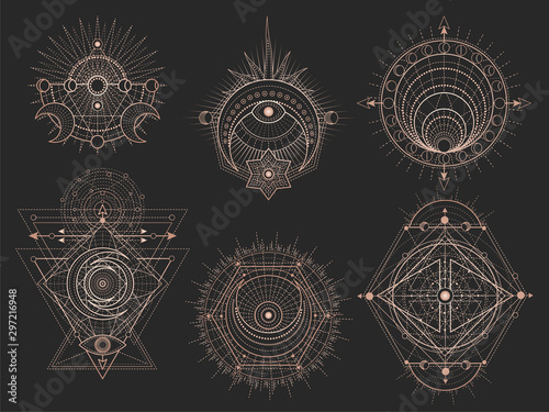 Vector set of Sacred geometric symbols and figures on black background. Abstract mystic signs collection.