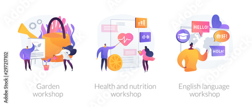 Special gardener, nutritionist and linguist education icons set. Garden workshop, health and nutrition workshop, foreign language workshop metaphors. Vector isolated concept metaphor illustrations