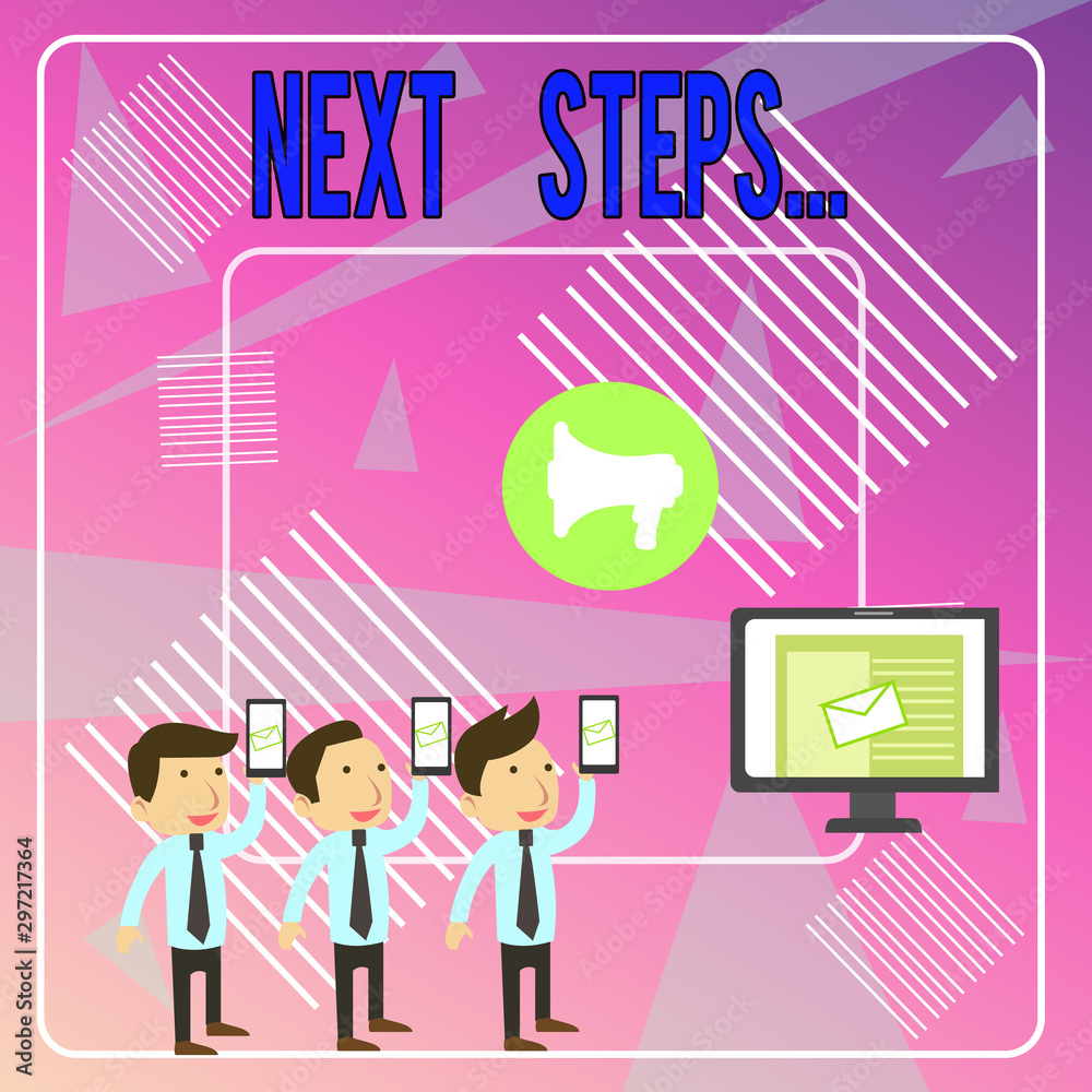 Word writing text Next Steps. Business photo showcasing something you do or plan after you ve finished something else SMS Email Marketing Media Audience Attraction Personal Computer Loudspeaker Word writing text Next Steps. Business photo showcasing something you do or plan after you ve finished something else SMS Email Marketing Media Audience Attraction Personal Computer Loudspeaker