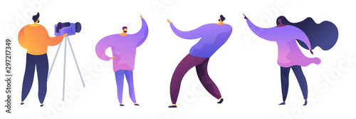 Cinema industry flat vector illustrations set. Filming crew, director and performers cartoon characters. Music video, movie scene shooting, Cameraman with camera recording actors performance