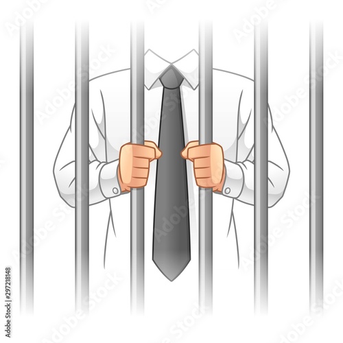 Businessman Behind The Prison Bars, Business Corruption Concept, Cartoon Vector Illustration Design, in Isolated White Background.