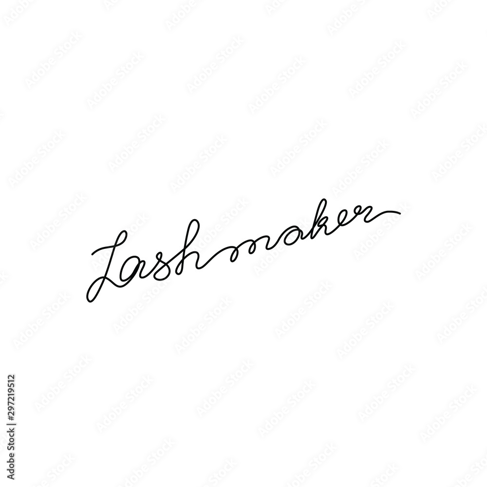 Lash maker emblem or logo design, continuous line drawing, hand drawn lettering, modern calligraphy, one single line on a white background, isolated vector illustration