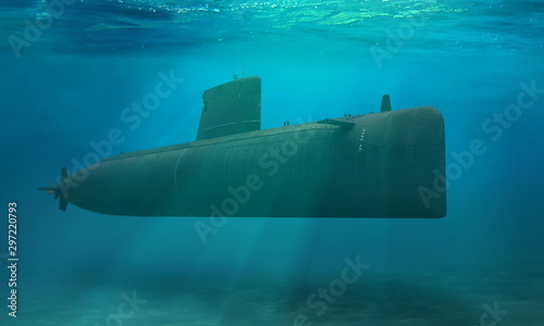 Naval submarine submerge deep underwater near to ocean floor