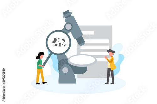 scientists study microorganisms through magnifier. Bacteriological analysis, microbiological or microscopy research lab concept vector illustration concept for web landing page template, banner