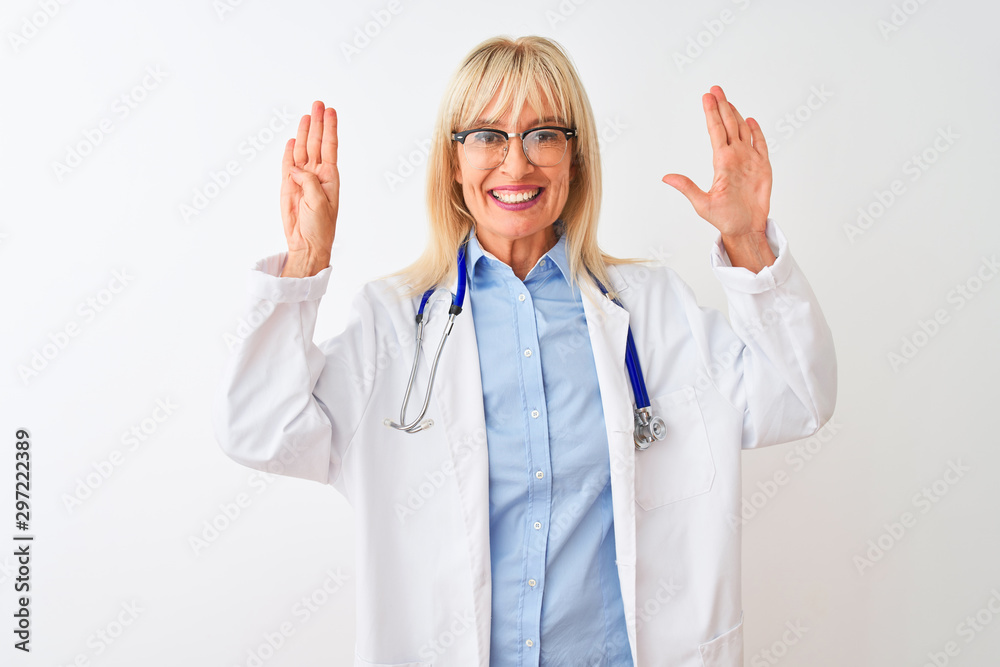 Middle age doctor woman wearing glasses and stethoscope over isolated white background showing and pointing up with fingers number nine while smiling confident and happy. Middle age doctor woman wearing glasses and stethoscope over isolated white background showing and pointing up with fingers number nine while smiling confident and happy.
