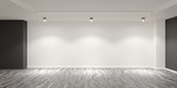 Empty white room with wooden floor and gray colored accent walls with spotlights on the back wall - gallery, product or modern interior template, 3D illustration