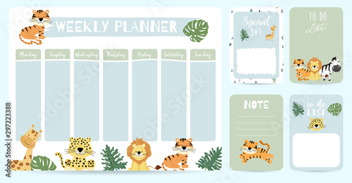 cute animal weekly planner background with giraffe,tiger,lion,leopard.Vector illustration for kid and baby.Editable element