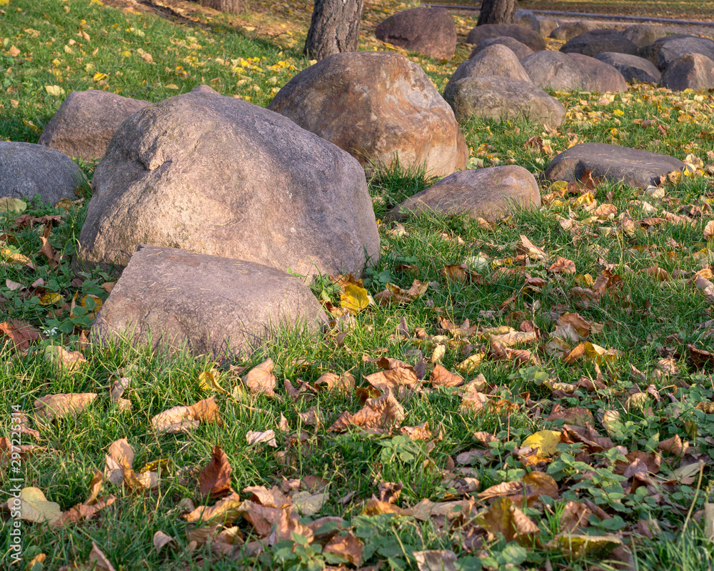 Obraz premium large stones and boulders with fallen leaves around in city part during autumn. nature, seasonal