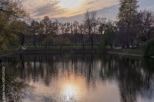 lake with reflections and fallen leaves at sunset in city park during autumn. nature, seasonal