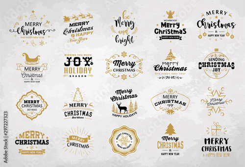 Merry Christmas and Happy New Year decoration set of typography, hand drawn, tags, logos, emblems design for invitation, greeting card, banner, label, gift.