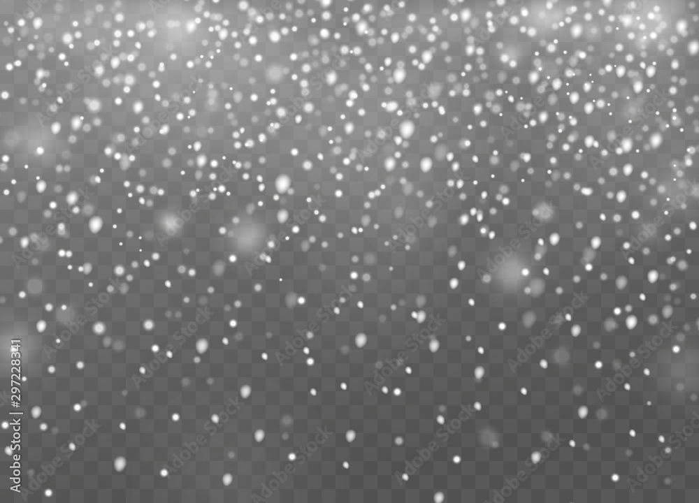 Falling snow. Christmas shining snowflakes in different shapes, snowfall and snow drifts, winter snowstorm new year landscape vector mockup - obrazy, fototapety, plakaty 
