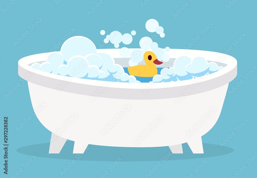 White bathtub. Cartoon clean cute hot bath with bubble and toys for indoor home spa relaxation isolated vector illustration - obrazy, fototapety, plakaty 