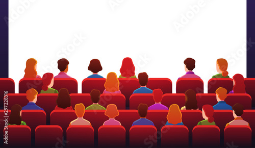 People in movie theater. Guys watch sitting on red chairs in front of white screen in movie hall. Entertainment and cinema vector background