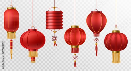 Chinese lanterns. Japanese asian new year red lamps festival 3d chinatown traditional realistic element vector set photo