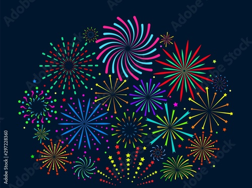 Festive fireworks. Festive christmas salute, new year pyrotechnic explosions with sparks. Xmas firecrackers vector background