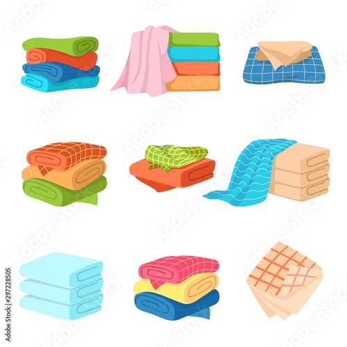 Folded towel. Soft fashion fabric cotton color towels for fresh kitchen or bath isolated cartoon vector collection