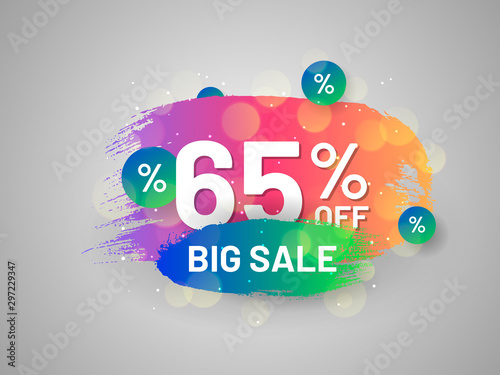 Big sale promo sticker with paintbrush strokes. 65 percent off banner. Bright colorful gradient design. Commercial event advertisement and holiday shopping. Weekend discount proposition template.