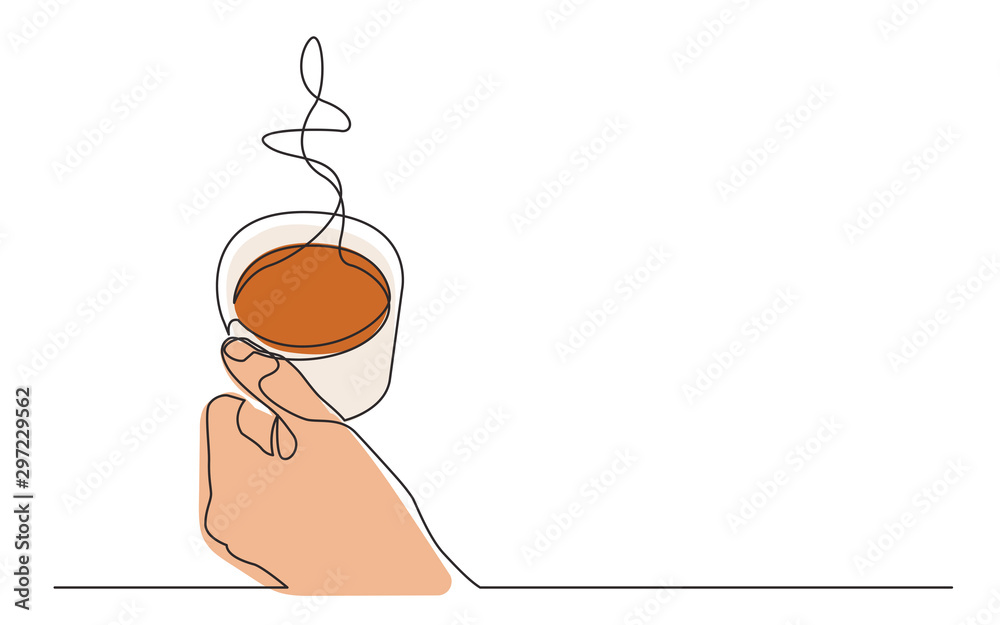 Fototapeta premium continuous line drawing of hand holding cup of hot coffee