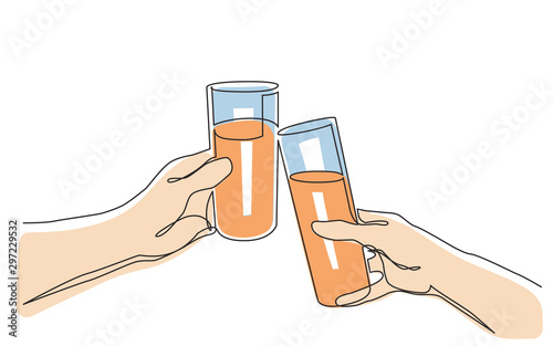 continuous line drawing of hand holding drinks toasting together
