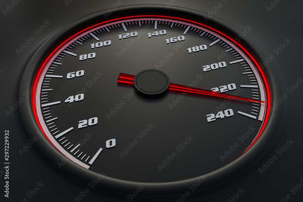 Red speedometer in car on dashboard. 3D rendered illustration. Red speedometer in car on dashboard. 3D rendered illustration.