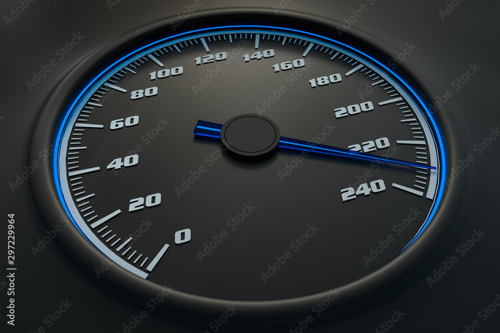 Blue speedometer in car on dashboard. 3D rendered illustration.