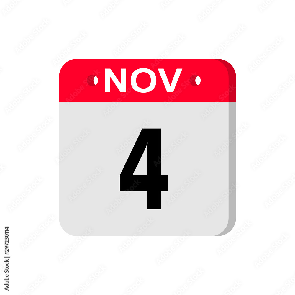 November 4 - Calendar Icon. Calendar Icon with shadow. Flat style. Date, day and month. Reminder. Vector illustration. Organizer application, app symbol. Ui. User interface sign. November 4 - Calendar Icon. Calendar Icon with shadow. Flat style. Date, day and month. Reminder. Vector illustration. Organizer application, app symbol. Ui. User interface sign.