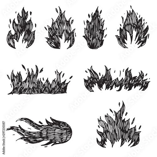 Set of hand drawn fire and fireball .Doodle Sketch Fire. vector illustration.