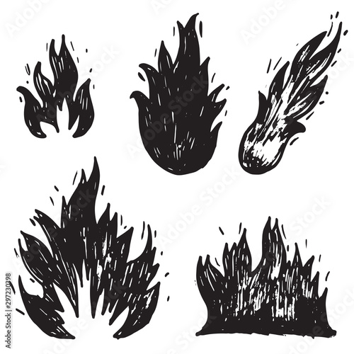 Set of hand drawn fire and fireball .Doodle Sketch Fire. vector illustration.