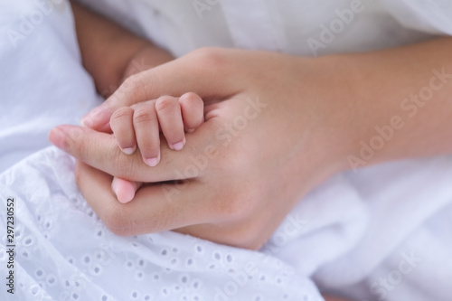 Soft focus of baby hands and mom, New family and baby protection concept