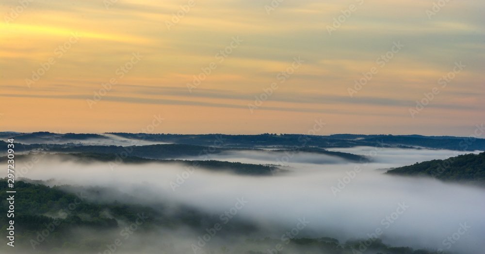 Rolling hills and morning fog in Connecticut