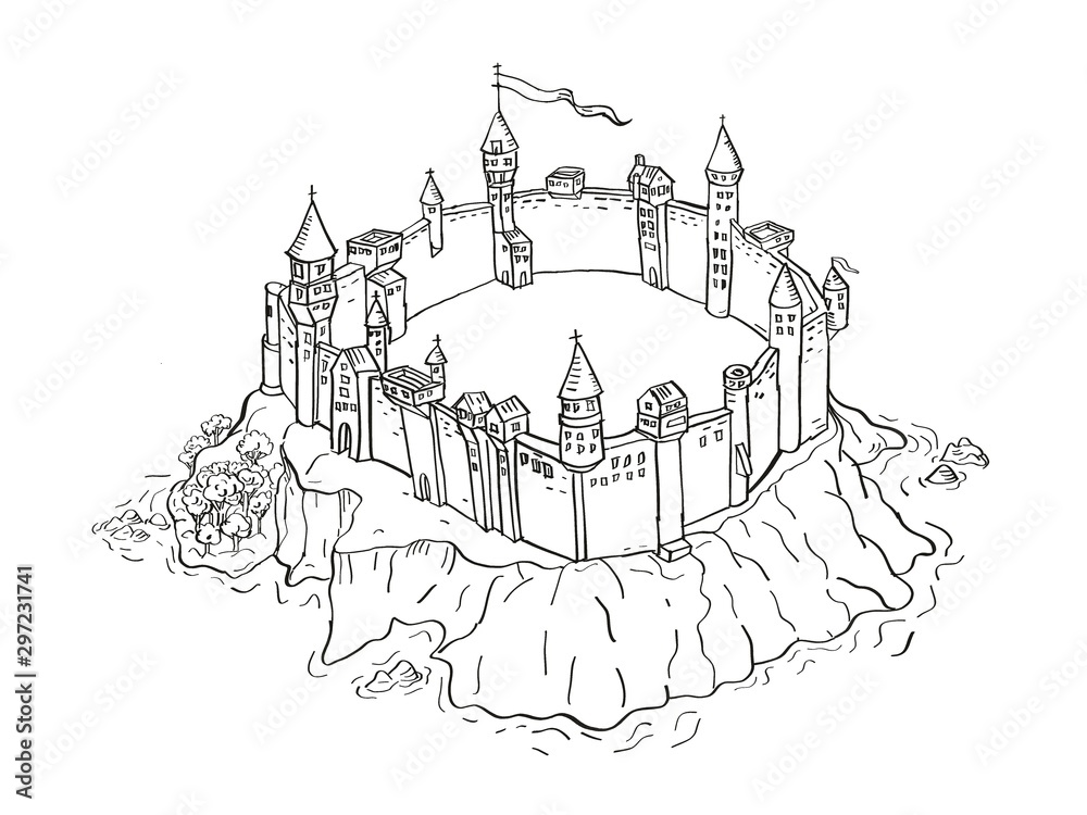 Castle or Fortress on Island Vintage Fantasy Map Cartoon Retro Drawing