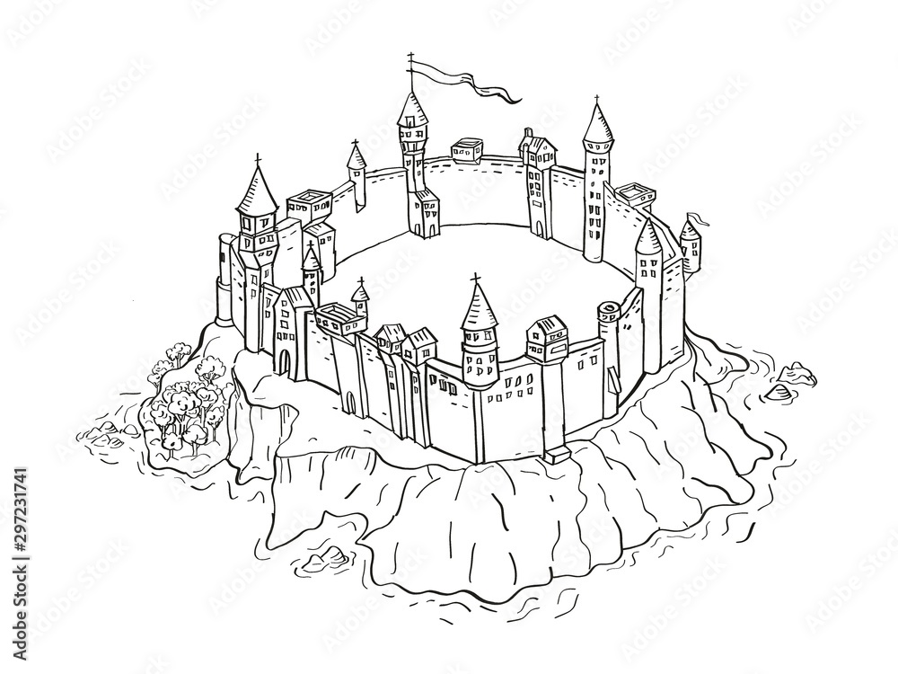 Fototapeta premium Castle or Fortress on Island Vintage Fantasy Map Cartoon Retro Drawing