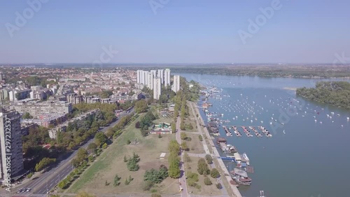 Static 4k aerial postcard shot of Zemun kej and marina on Danube river, Serbia photo