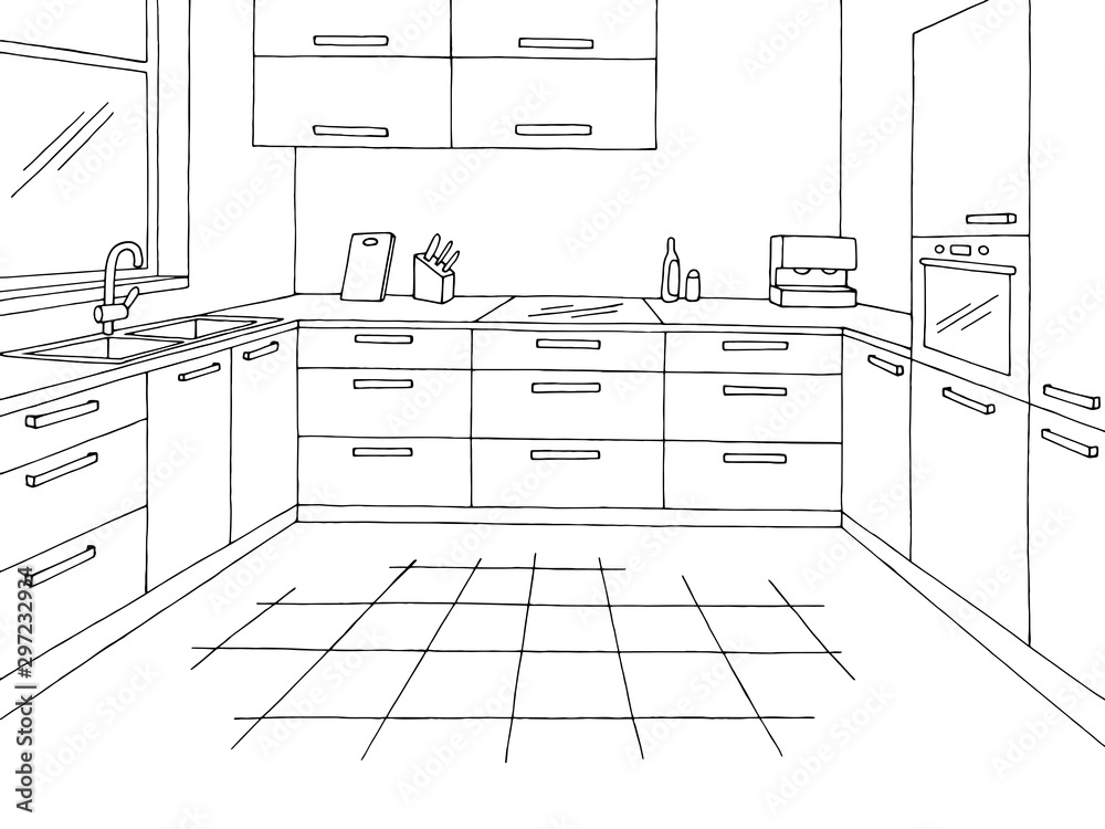 Kitchen room graphic black white home interior sketch illustration vector Kitchen room graphic black white home interior sketch illustration vector