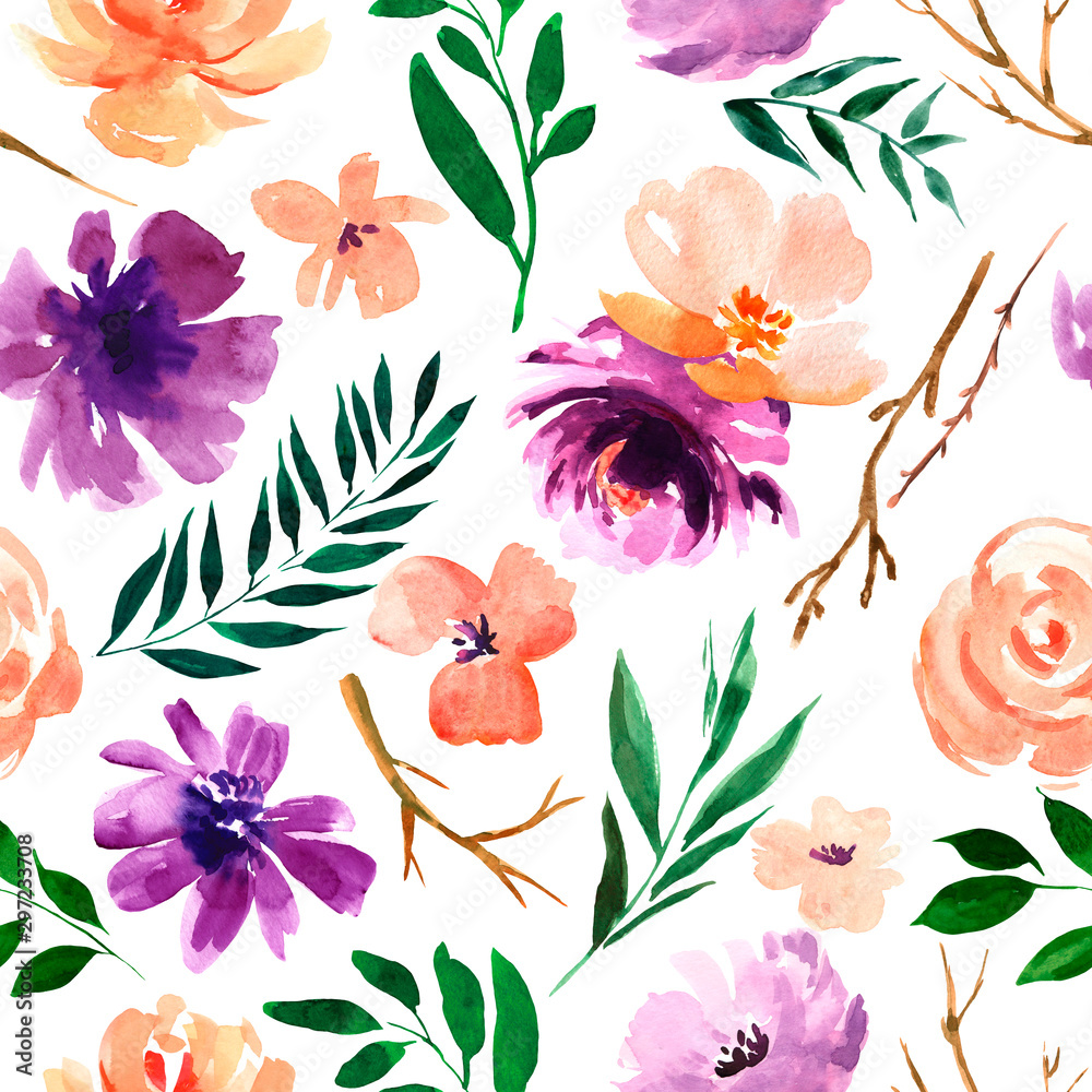 Watercolor floral seamless pattern in a la prima style, watercolor ...