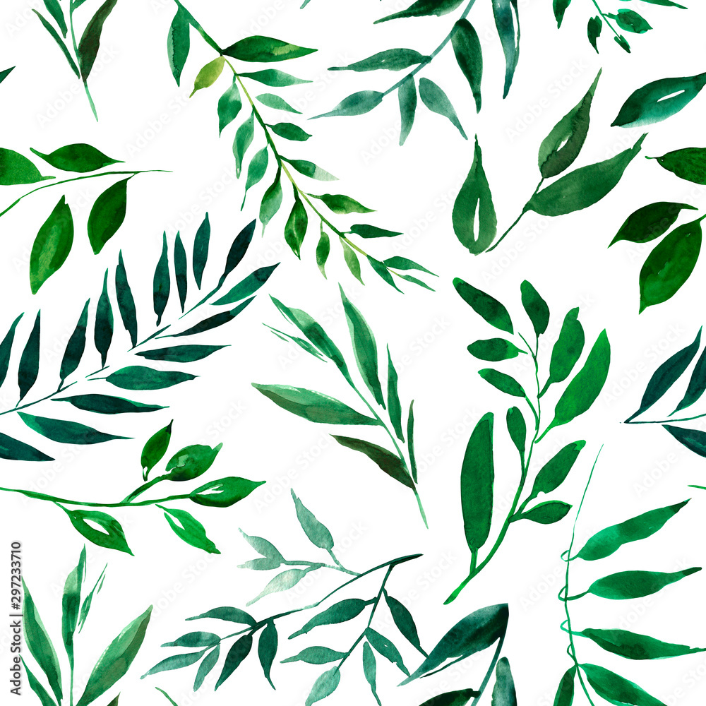 Seamless pattern with watercolor leaves, herbs and branches . Original hand drawn illustration. Botanical texture. Nature design. Can be used for a poster, printing on fabric.