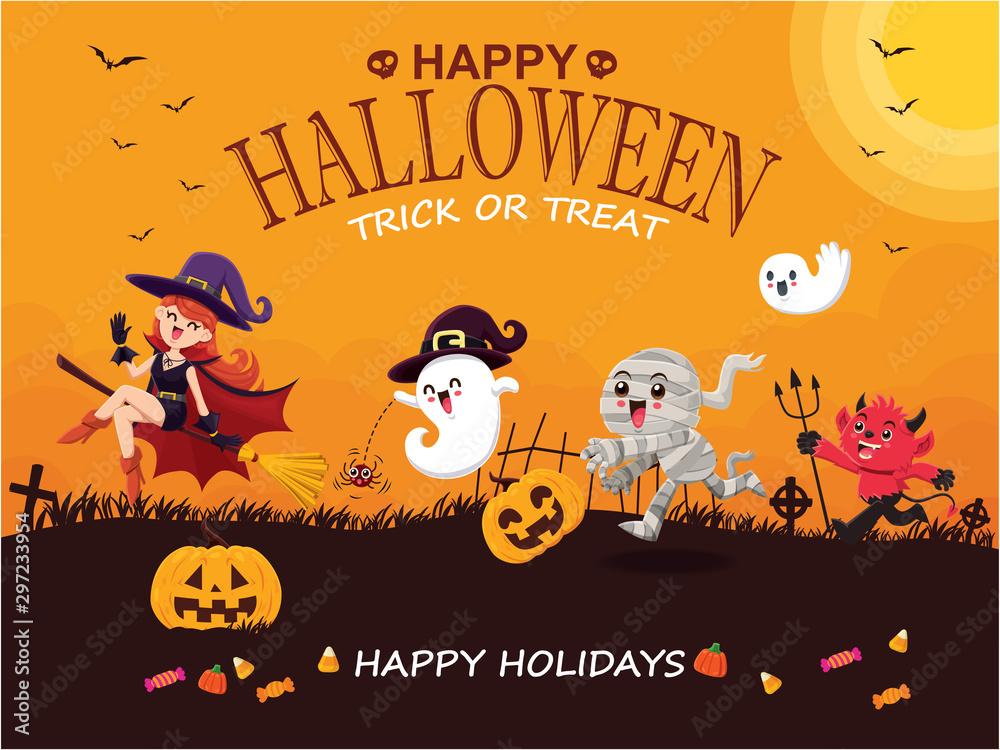 Vintage Halloween poster design with vector mummy, witch, demon, ghost, pumpkin character. 