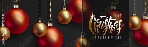 Christmas and New Year design. 3D red and golden balls hang on gold chains, hand lettering inscription Christmas on black background. Vector horizontal banner EPS10