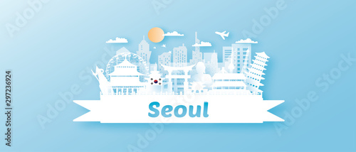 Seoul Travel postcard panorama, poster, tour advertising of world famous landmarks of South Korea in paper cut style.