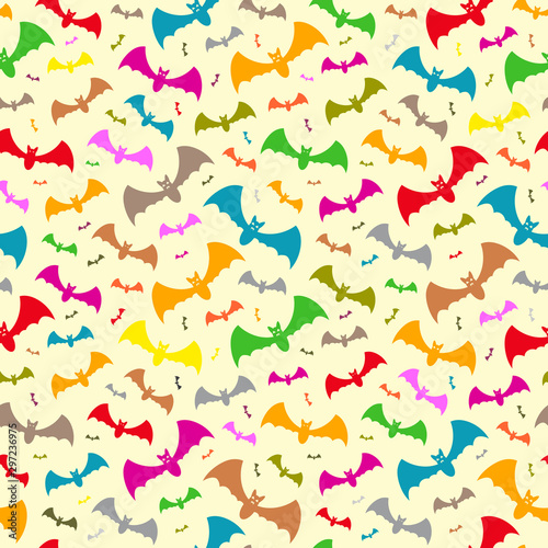 Hallowen pattern of colorful flying bats. Vector seamless background.