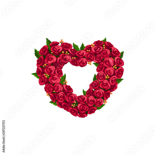 Frame heart shape, rose flowers wreath