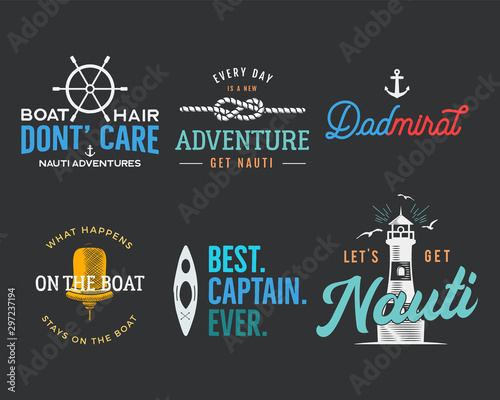 Nautical vintage prints designs set for t-shirts, apparel. Marine logos and badges. Retro typography with lighthouse and anchor. Navy emblems, sea and ocean style tees collection. Stock vector