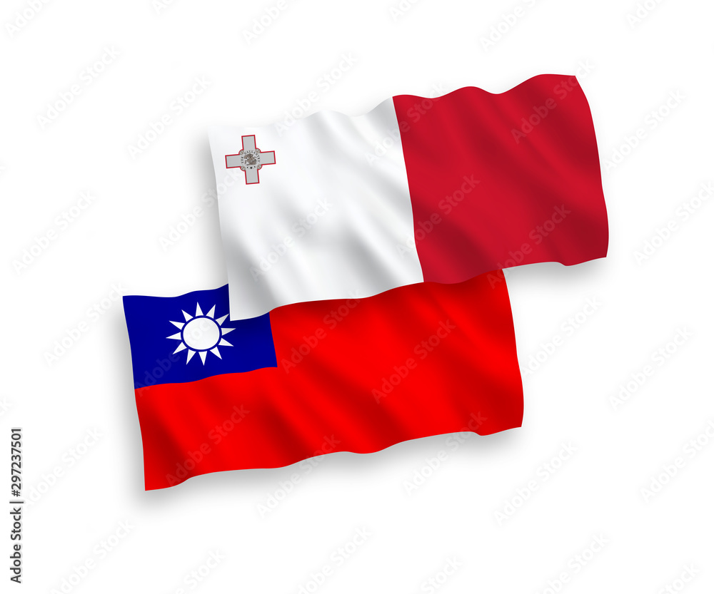 National vector fabric wave flags of Malta and Taiwan isolated on white background. 1 to 2 proportion.